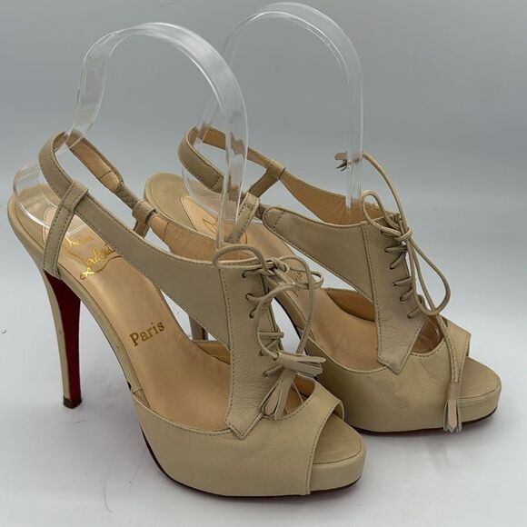 CHRISTIAN LOUBOUTIN Beige Leather Sometimes Lace Up Heels EU 36.5/ US 6.5 - Picture 5 of 13